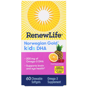 Renew Life, Norwegian Gold, ДГК для детей, со вкусом фруктового пунша, 200 мг, 60 жевательных мягких капсул