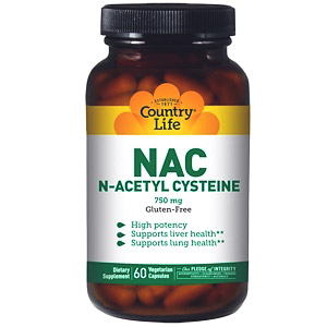 Country Life, NAC, N-ацетилцистеин, 750 мг, 60 растительных капсул