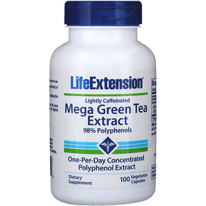 Life Extension, Мега экстракт зеленого чая, небольшое содержание кофеина, 100 растительных капсул