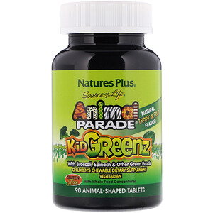 Nature's Plus, Source of Life, Animal Parade, Kid Greenz, вкус натуральных тропических фруктов, 90