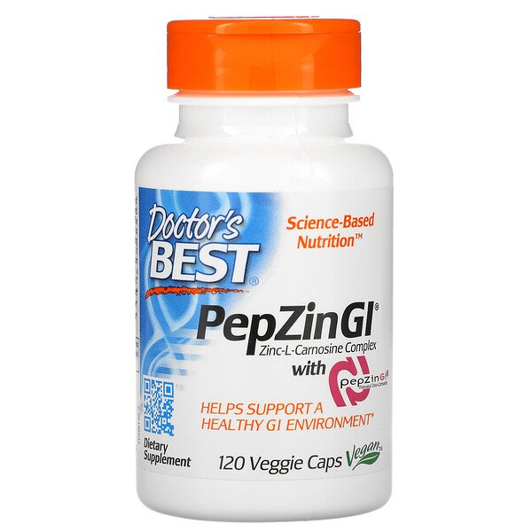 Doctor's Best, PepZin GI, комплекс цинк-L-карнозина, 120 вегетарианских капсул